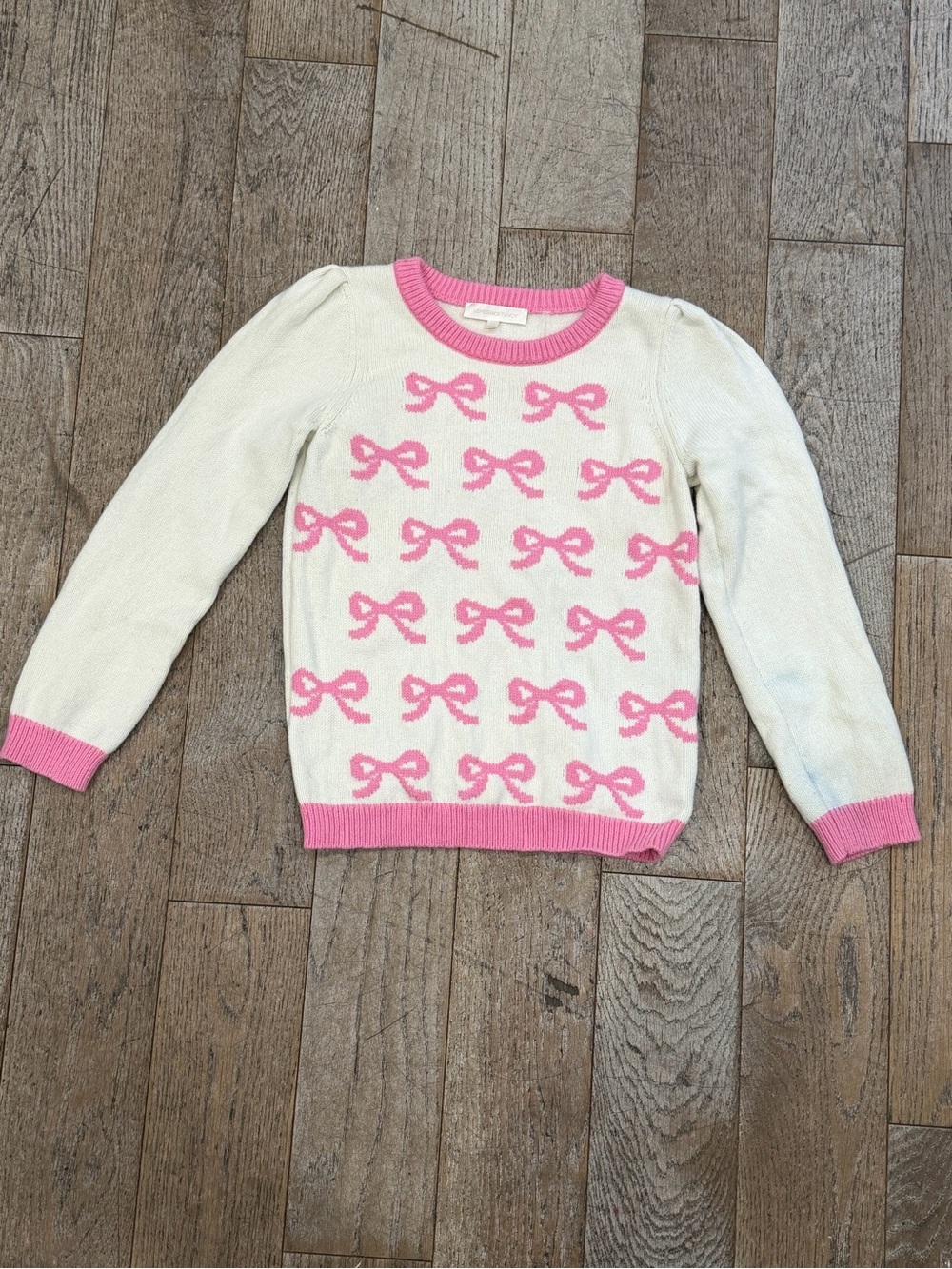 LoveShackFancy Girls Pink Bow Knit Sweater Cream White Pullover Size 12